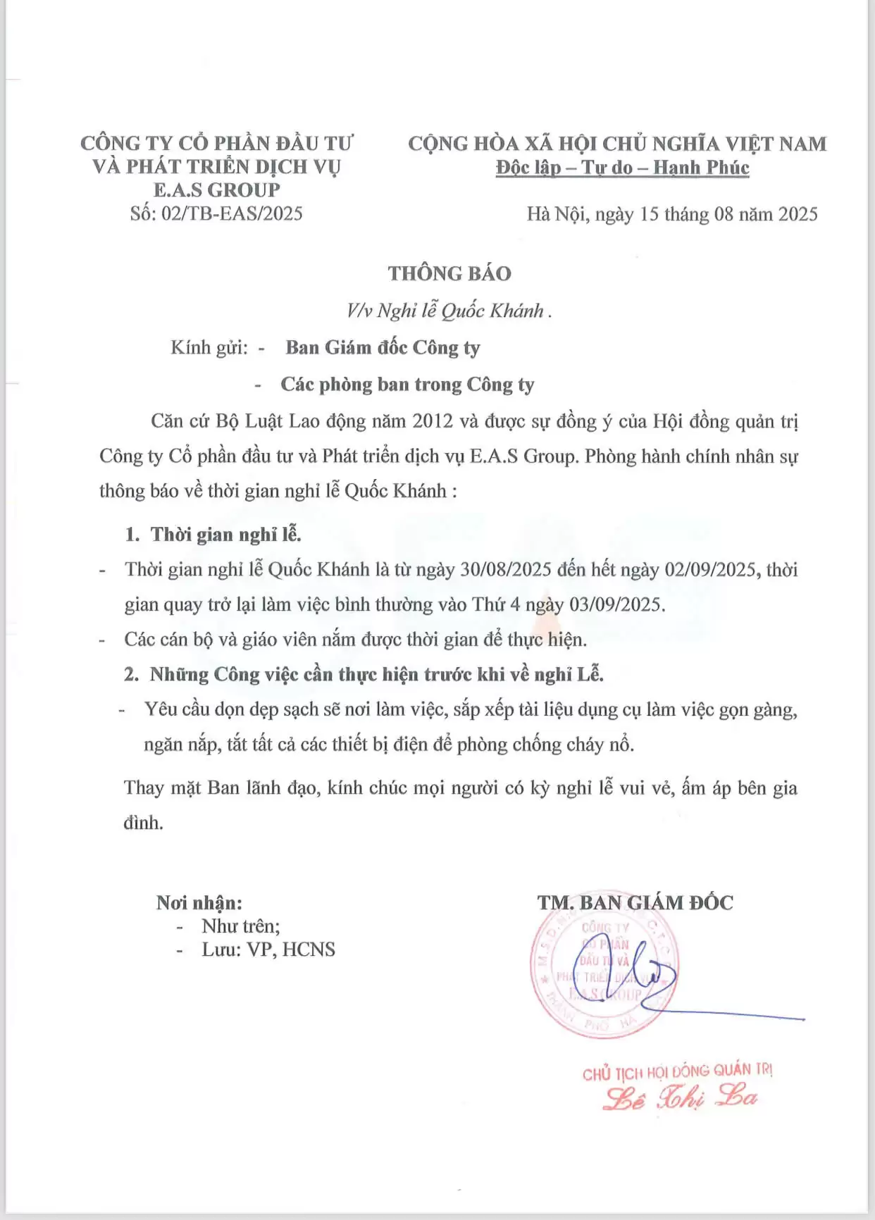 Thông báo lịch nghỉ lễ Quốc khánh 2/9 năm 2025 tại Trung tâm Du học EAS