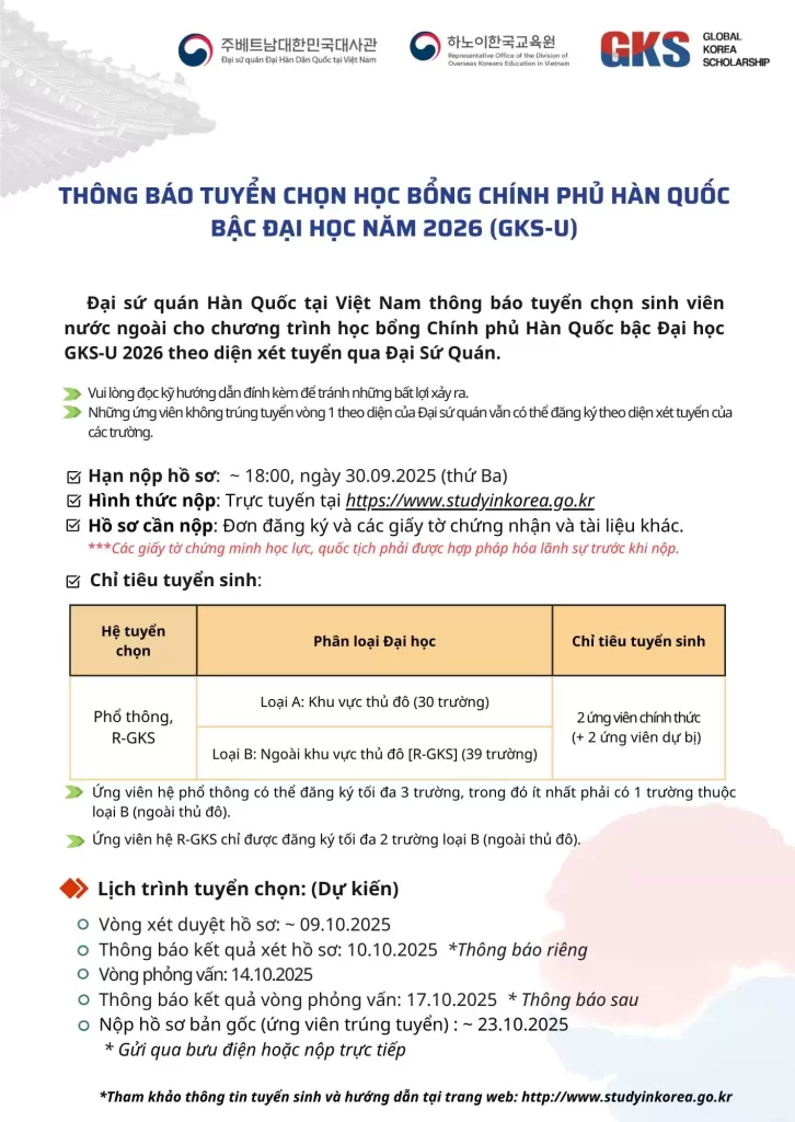 Học Bổng Chính Phủ Hàn Quốc GKS 2026 – Điều Kiện, Hồ Sơ &#038; Tư Vấn EAS